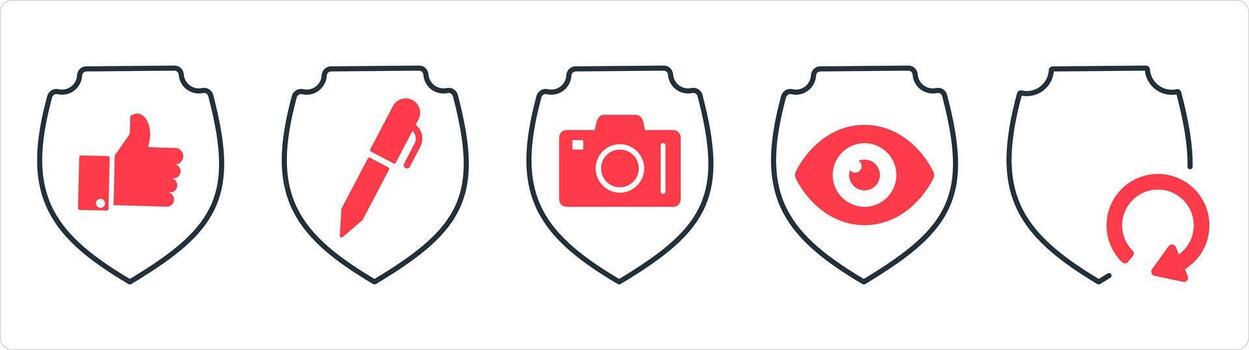 A set of 5 internet icons as approved security, edit shield, camera security in red line color vector