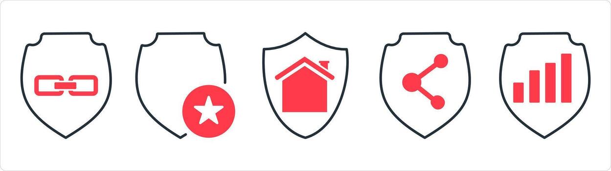A set of 5 internet icons as link security, favorite shield, home security in red line color vector