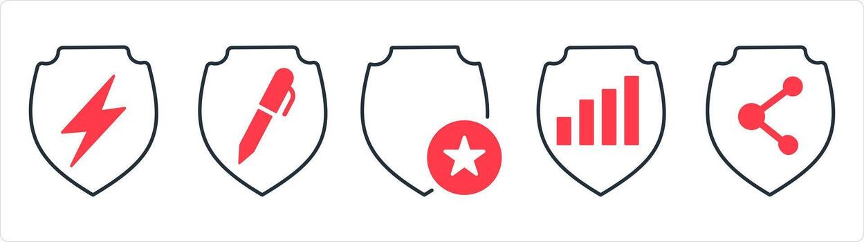 A set of 5 internet icons as shield, edit shield, favorite shield in red line color vector