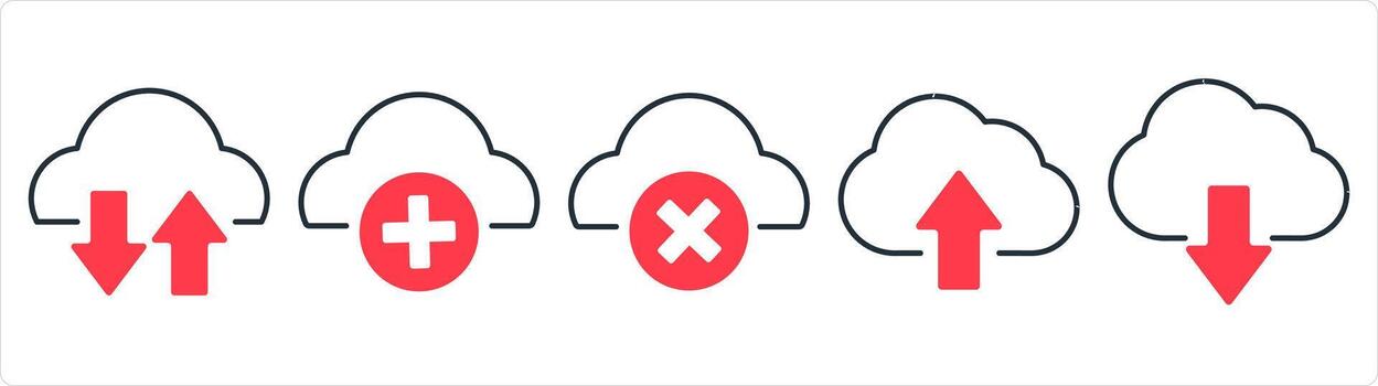 A set of 5 internet icons as synchronize cloud, add cloud, wrong cloud in red line color vector