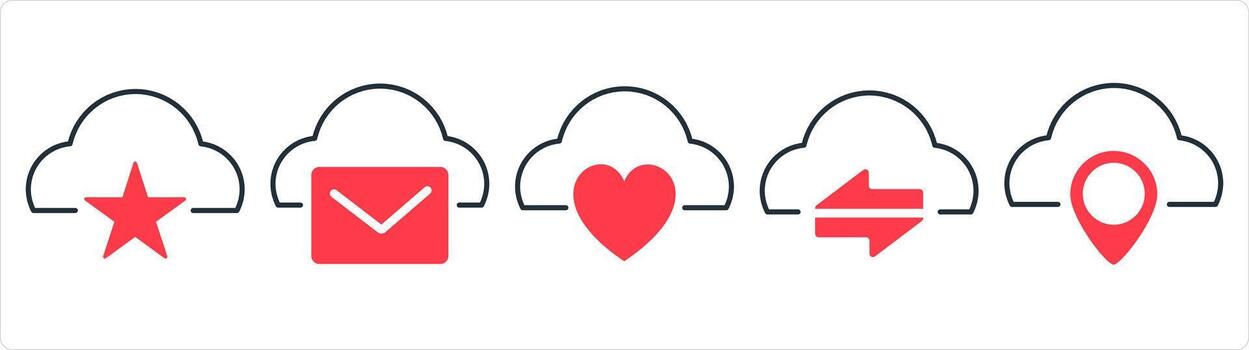A set of 5 internet icons as favorite cloud, cloud message, synchronize cloud in red line color vector
