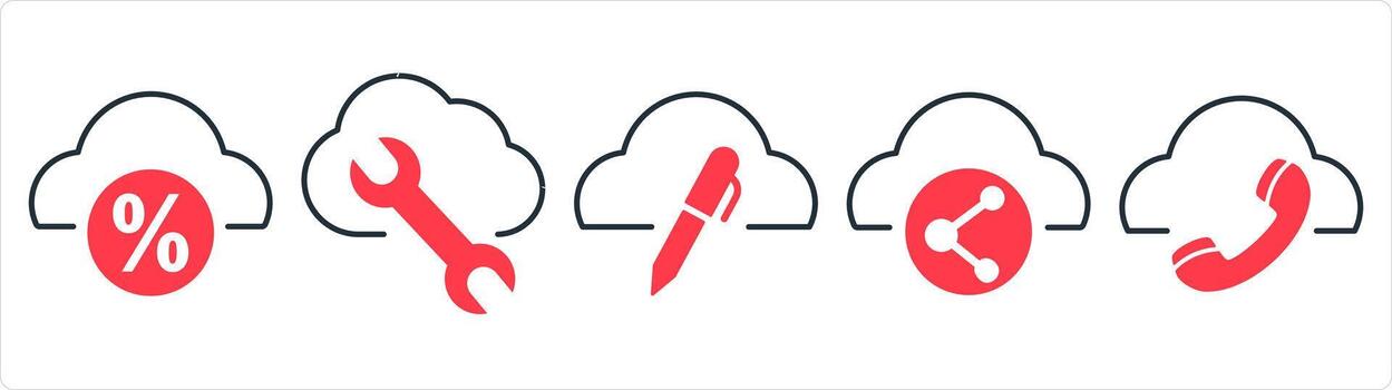 A set of 5 internet icons as cloud discount, cloud setting, edit cloud in red line color vector