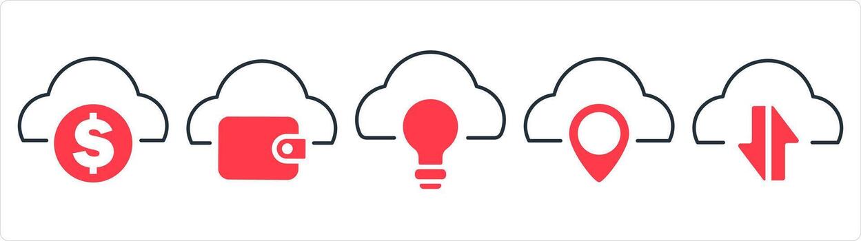A set of 5 internet icons as finance cloud, cloud wallet, cloud idea in red line color vector