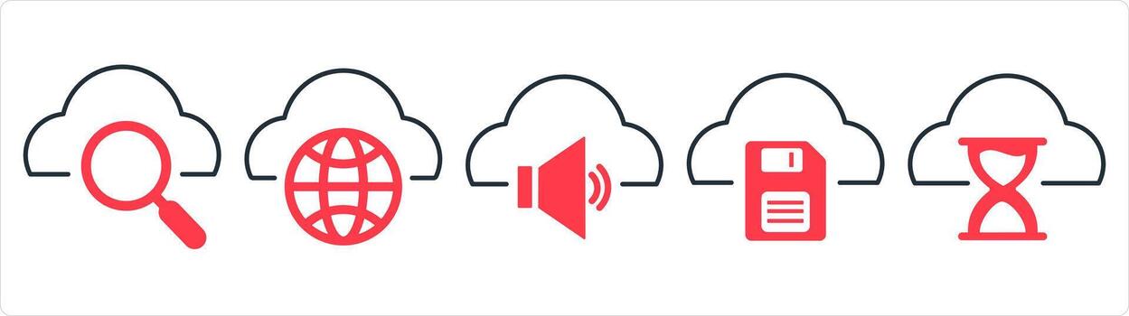 A set of 5 internet icons as search cloud, global cloud, cloud volume in red line color vector