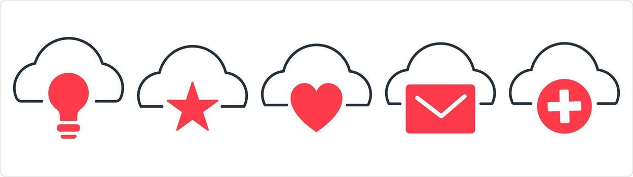 A set of 5 internet icons as cloud idea, favorite cloud, cloud message in red line color vector