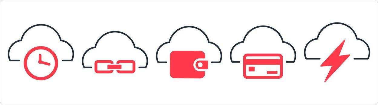 un conjunto de 5 5 Internet íconos como nube tiempo, enlace nube, nube billetera en rojo línea color vector