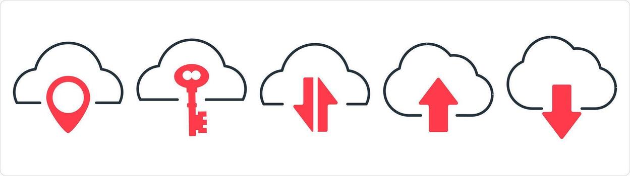 A set of 5 internet icons as cloud location, cloud security, synchronize cloud in red line color vector