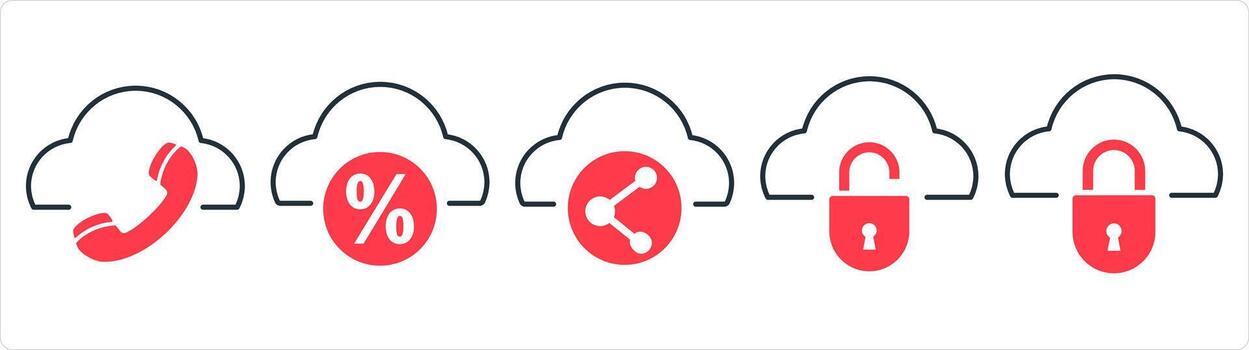 A set of 5 internet icons as call cloud, cloud discount, share cloud in red line color vector