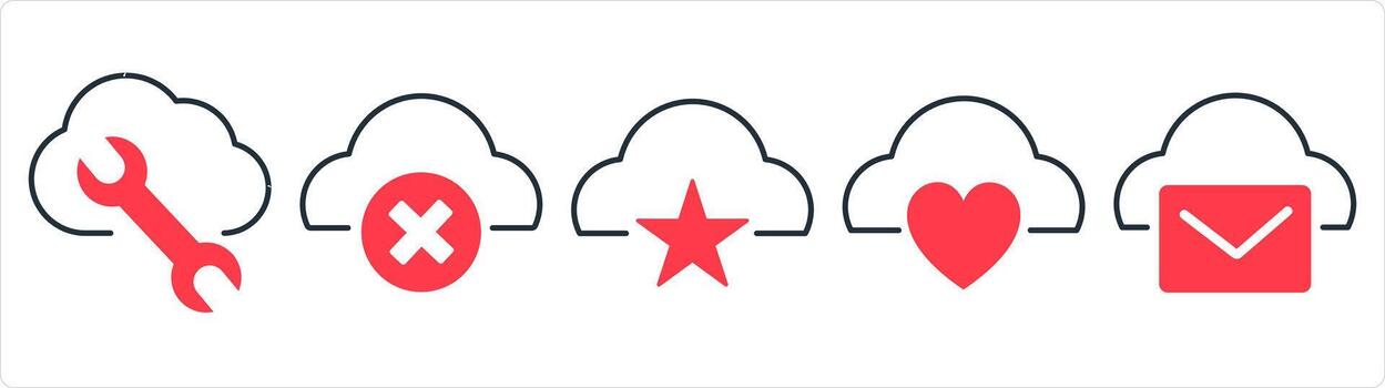 A set of 5 internet icons as cloud setting, wrong cloud, favorite cloud, in red line color vector