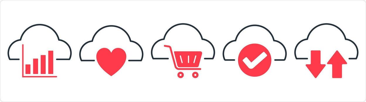 A set of 5 internet icons as cloud statistics, favorite cloud, cart cloud in red line color vector