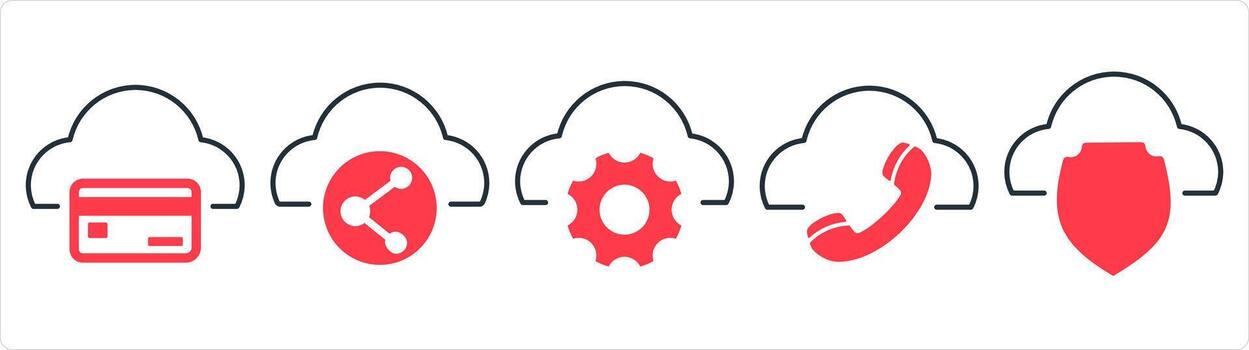 A set of 5 internet icons as cloud card, share cloud, cloud setting in red line color vector