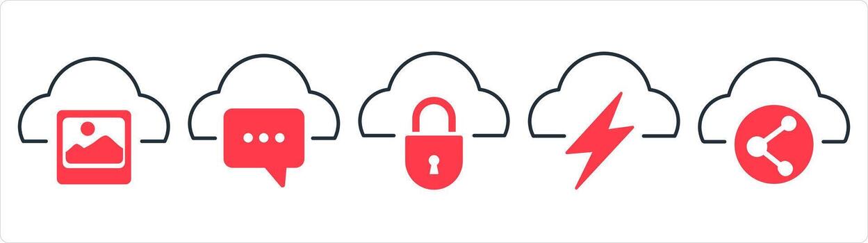 A set of 5 internet icons as cloud image, cloud message, cloud security in red line color vector