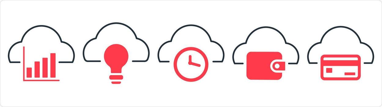 A set of 5 internet icons as cloud statistics, cloud idea, cloud time in red line color vector