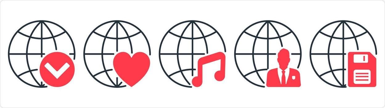 A set of 5 internet icons as globe, favorite global, global music in red line color vector