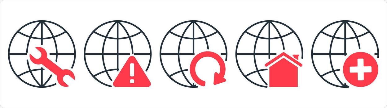A set of 5 internet icons as global maintenance, global update, global business in red line color vector