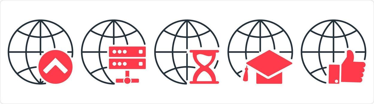 A set of 5 internet icons as like global, international call, global synchronize in red line color vector