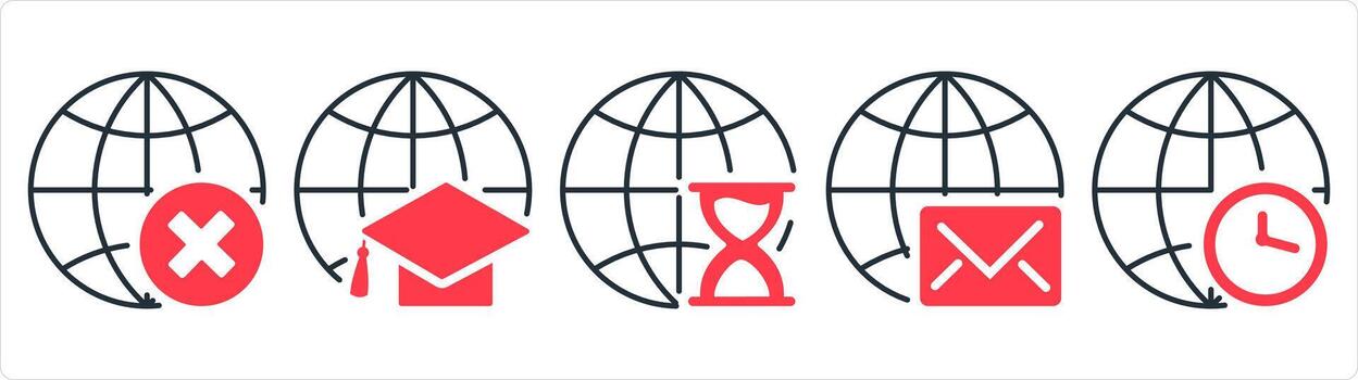 A set of 5 internet icons as wrong globe, global education, global hourglass in red line color vector