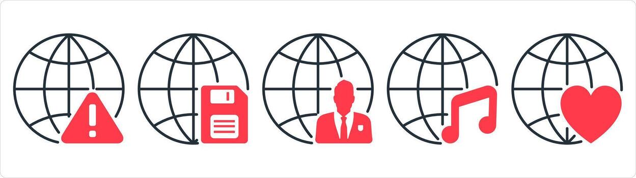 A set of 5 internet icons as global maintenance, global card, global business in red line color vector