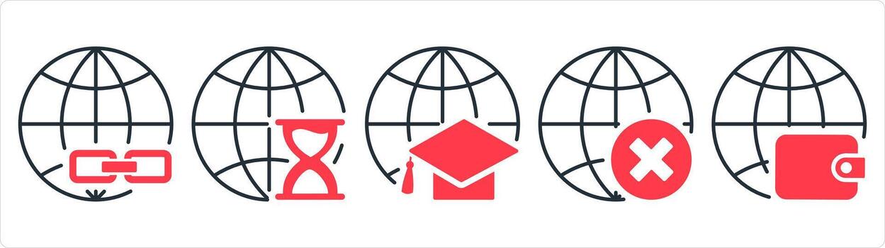 un conjunto de 5 5 Internet íconos como enlace global, global reloj de arena, global educación en rojo línea color vector