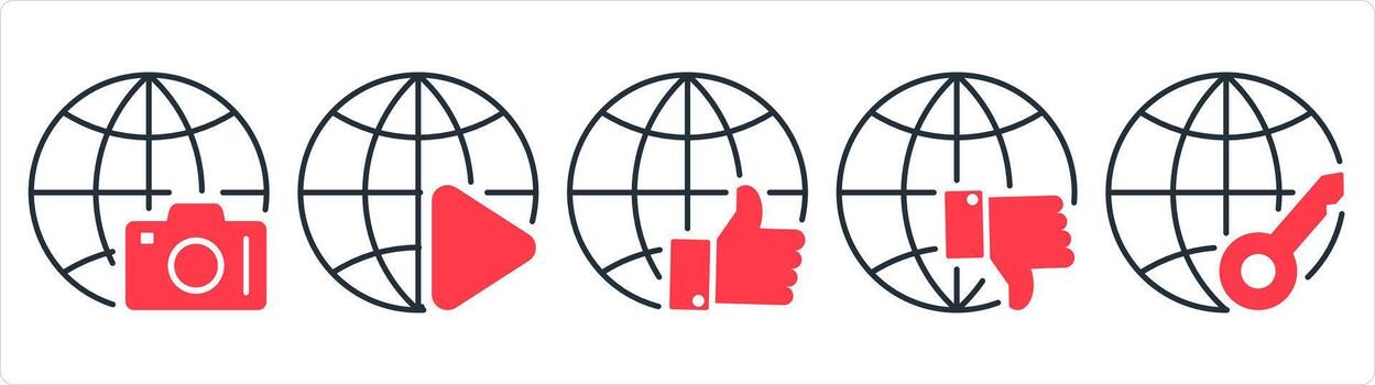 A set of 5 internet icons as global image, global , like global in red line color vector