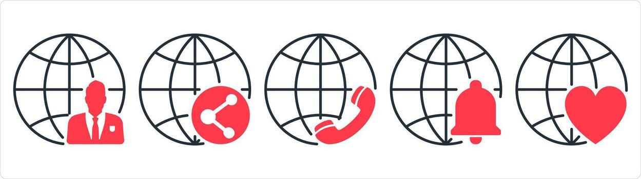 A set of 5 internet icons as global business, global share, international call in red line color vector