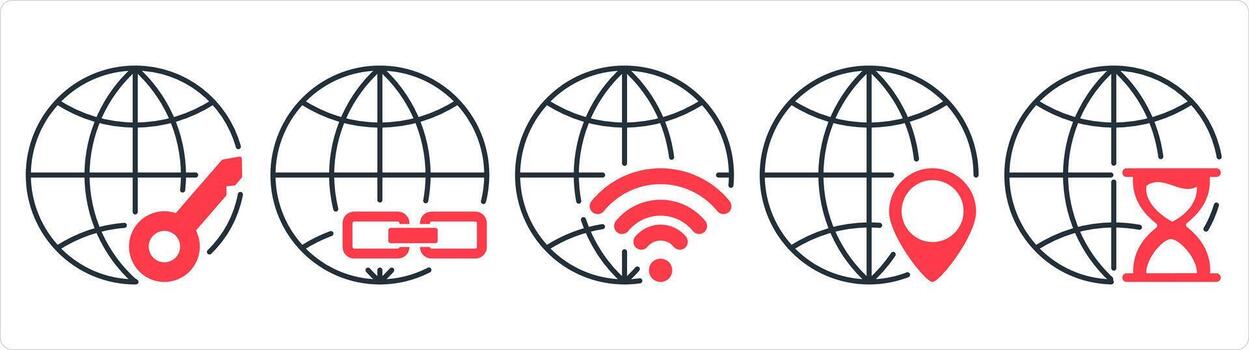 un conjunto de 5 5 Internet íconos como global proteccion, enlace global, global Wifi en rojo línea color vector