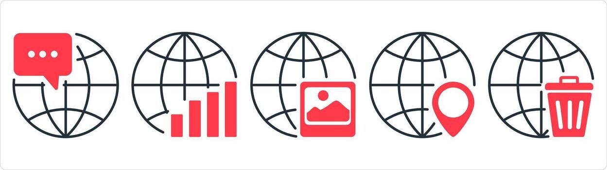 A set of 5 internet icons as global message, global statistics, global image in red line color vector