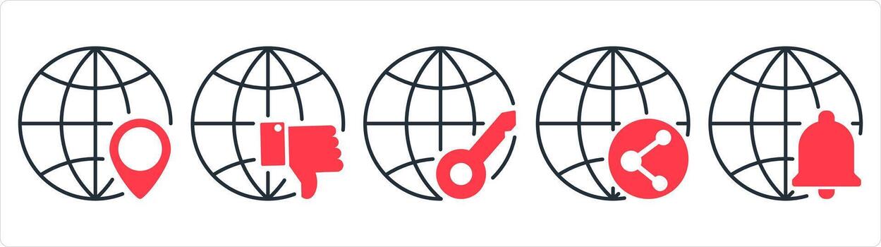 A set of 5 internet icons as global location, dislike global, global protection in red line color vector