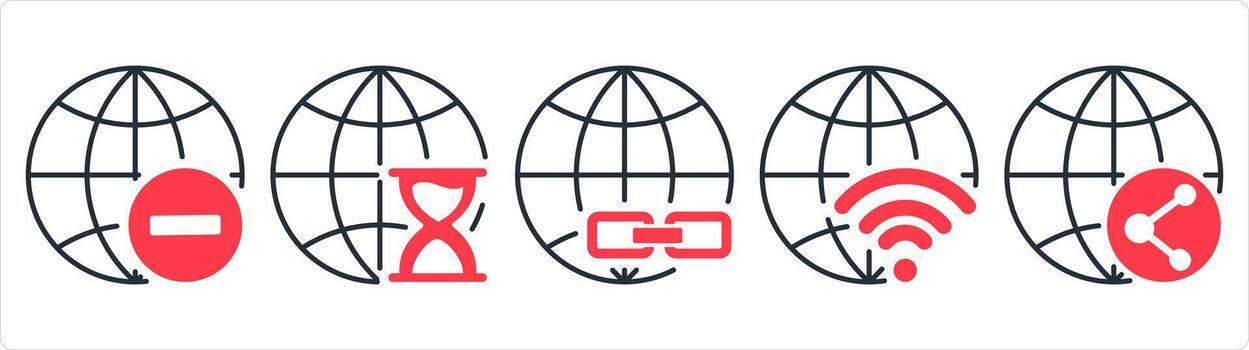 un conjunto de 5 5 Internet íconos como eliminar globo, global reloj de arena, enlace global en rojo línea color vector
