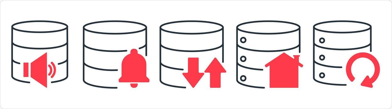 A set of 5 internet icons as server notification, synchronize server in red line color vector