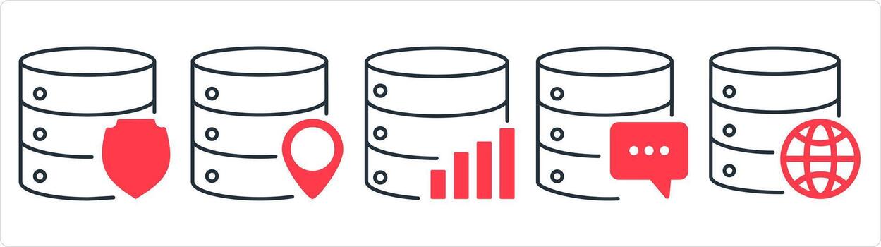 A set of 5 internet icons as server shield, server location, server statistic in red line color vector
