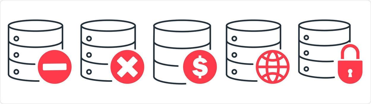 A set of 5 internet icons as remove server, wrong server, finance server in red line color vector