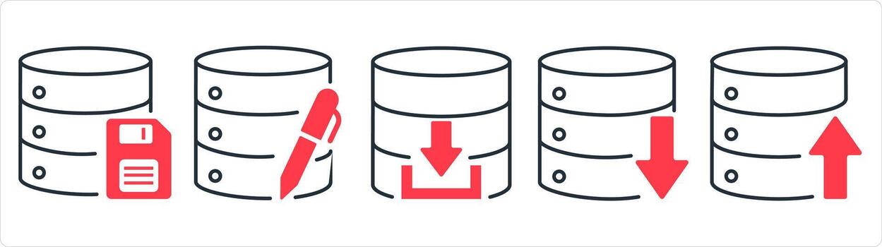 A set of 5 internet icons as server memory card, edit server in red line color vector