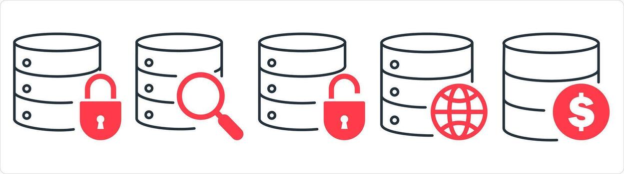 un conjunto de 5 5 Internet íconos como servidor seguridad, global buscar, global servidor en rojo línea color vector