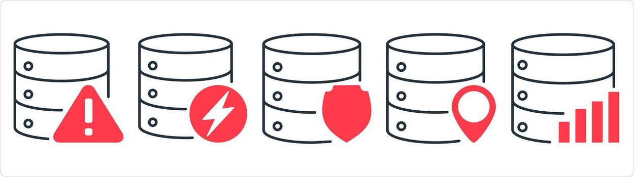 A set of 5 internet icons as server maintenance, server, server shield in red line color vector