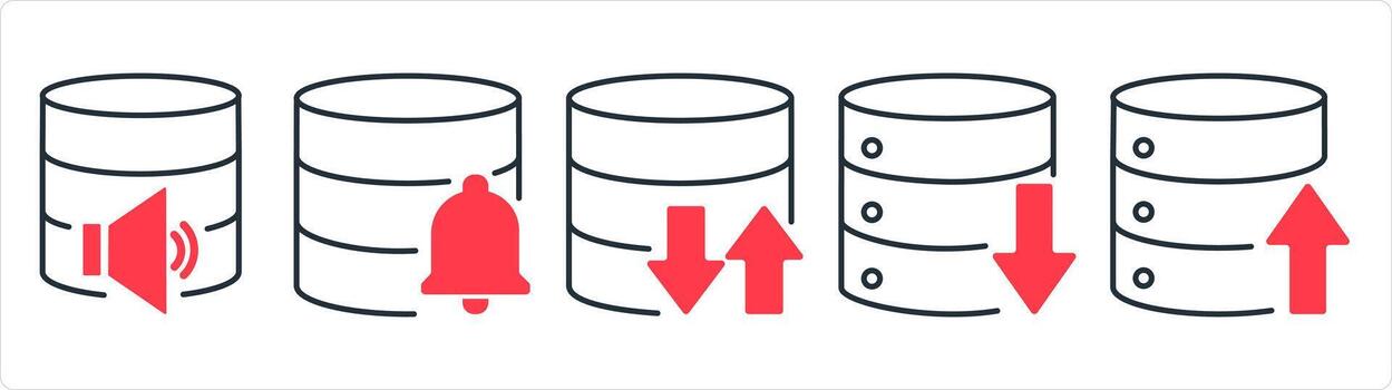 A set of 5 internet icons as server volume, server notification, synchronize server in red line color vector