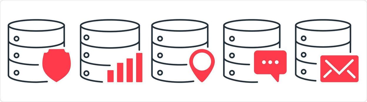 A set of 5 internet icons as server shield, server statistics, server location in red line color vector