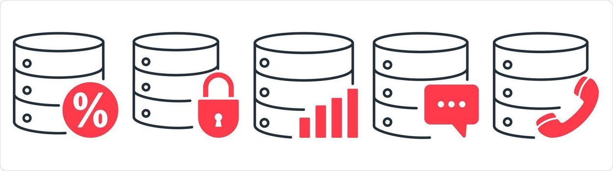 A set of 5 internet icons as server discount, server security, server statistics in red line color vector