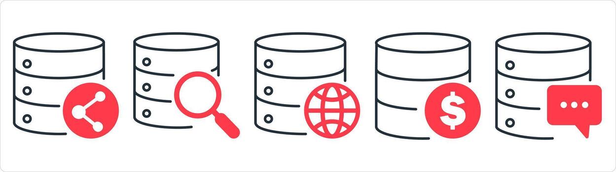A set of 5 internet icons as share server, global search, finance server in red line color vector