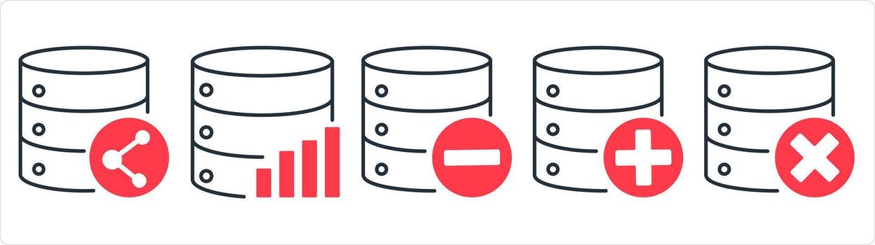 un conjunto de 5 5 Internet íconos como compartir servidor, servidor Estadísticas, eliminar servidor en rojo línea color vector