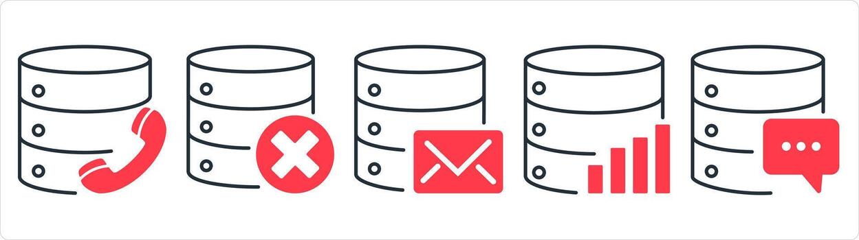 A set of 5 internet icons as call server, wrong server, server message in red line color vector
