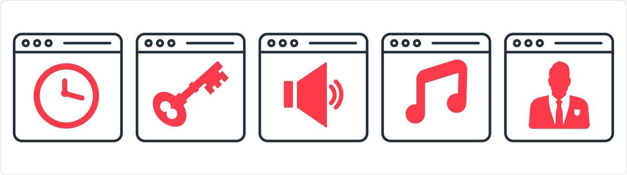 A set of 5 internet icons as webpage time, webpage protection, online volume in red line color vector