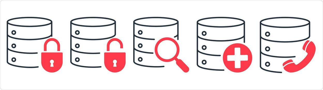 A set of 5 internet icons as server security, global search, add search in red line color vector