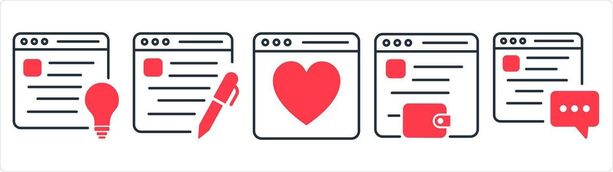 A set of 5 internet icons as webpage idea, edit webpage, favorite webpage in red line color vector