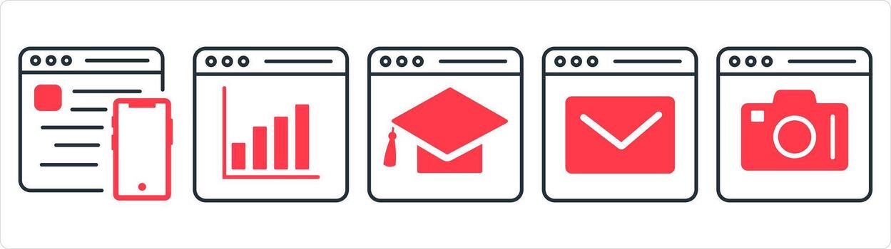 A set of 5 internet icons as responsive, webpage statistics, online educatio in red line color vector