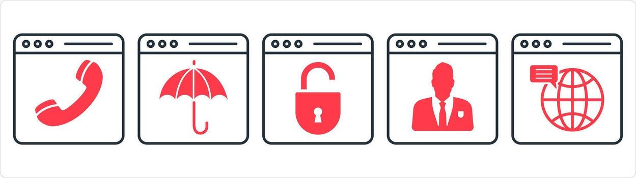 A set of 5 internet icons as online call, webpage insurance, webpage protection in red line color vector