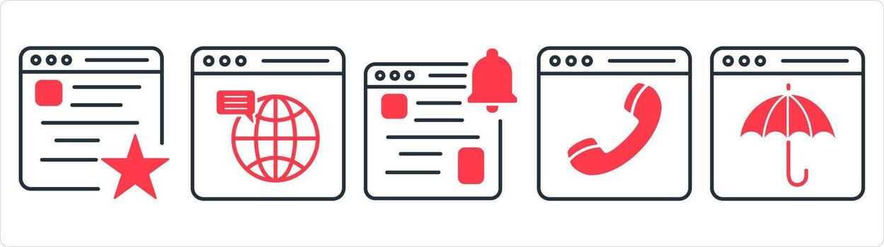 A set of 5 internet icons as favorite webpage, web browser, webpage notification in red line color vector