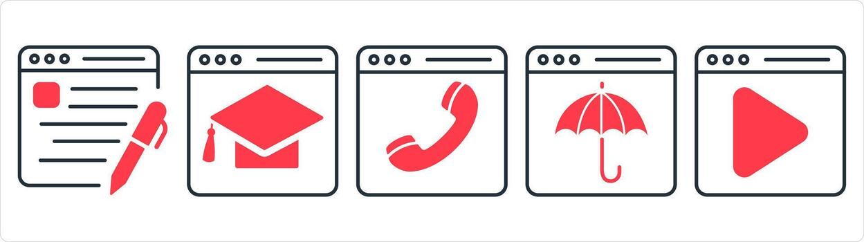 A set of 5 internet icons as edit webpage, online education, online call in red line color vector