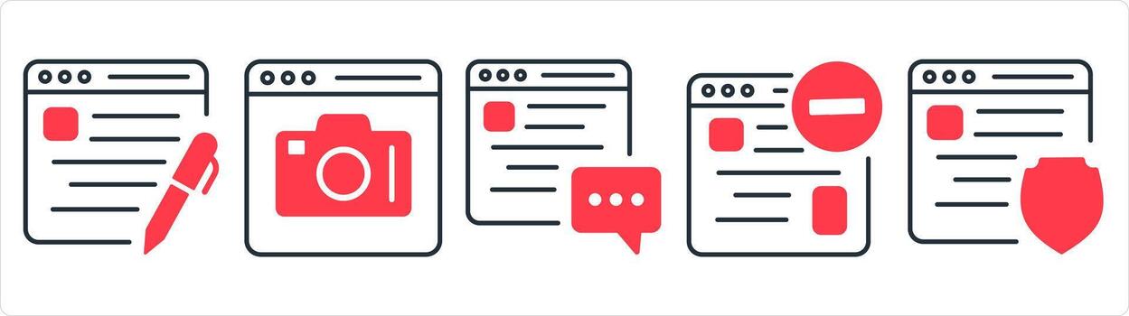 A set of 5 internet icons as edit webpage, online photography, webpage reviews in red line color vector