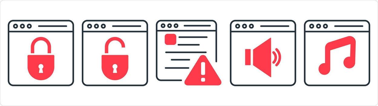 A set of 5 internet icons as webpage protection, webpage maintenance, online volume in red line color vector